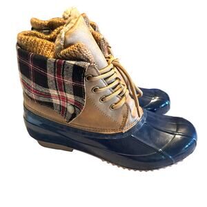 JustFab Womens Duck Boots Navy Blue & Tan plaid trim shearling liner womens 10M